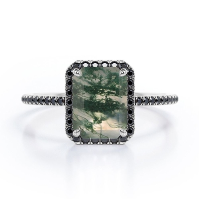Halo-stijl Emerald Cut Moss Green-het Agaat met Laboratorium leidde tot Zwarte Diamond Engagement Ring With Pave-Accenten