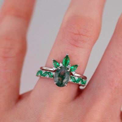 Moss Agate Emerald Ring Set, de Trouwring van de de Giftbelofte van Verjaardagsjuwelen