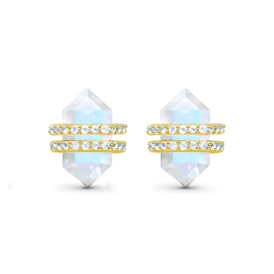 925 Sterling Silver Natural Stone Jewelry de Zeshoek sneed Blauwe de Nageloorringen van Regenboogmoonstone