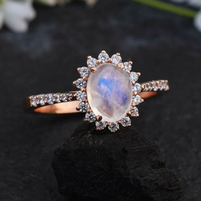 14K de Overeenkomst Ring Moonstone Halo Rings Jewelry van Rose Gold Oval Cabochon Cut Moonstone