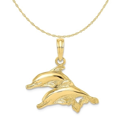 10K het gele Goud poetste de Gegraveerde Charme van de Dolfijnentegenhanger met Halsband van de de Kabelketting van 14K de Gele Gouden Lichtgewicht op