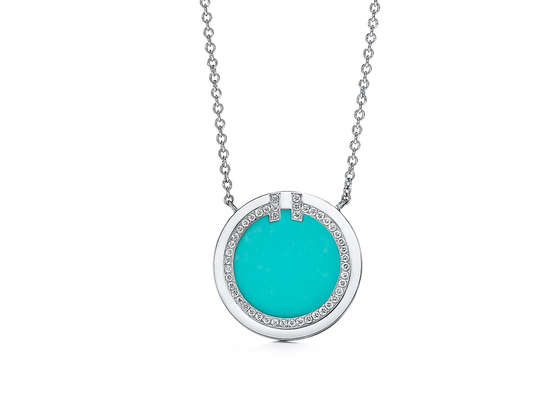 18k witgoud Diamond And Turquoise Circle Pendant met 16-18inch-Ketting
