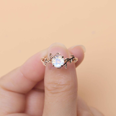 14K Rose Gold Moonstone Wedding Rings-de Ronde Besnoeiing van de Bladbloem