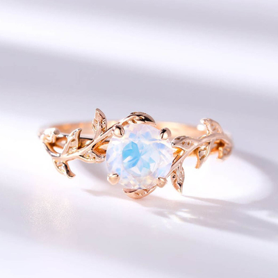 14K Rose Gold Moonstone Wedding Rings-de Ronde Besnoeiing van de Bladbloem