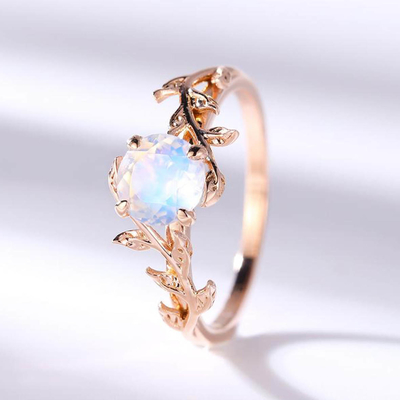 14K Rose Gold Moonstone Wedding Rings-de Ronde Besnoeiing van de Bladbloem