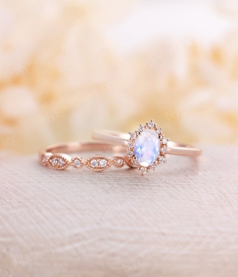 Blauw Natuurlijk Moonstone Ring Set, 14K Rose Gold Moonstone Stacking Rings