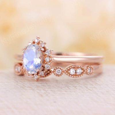 Blauw Natuurlijk Moonstone Ring Set, 14K Rose Gold Moonstone Stacking Rings