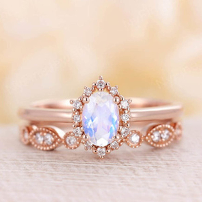 Blauw Natuurlijk Moonstone Ring Set, 14K Rose Gold Moonstone Stacking Rings