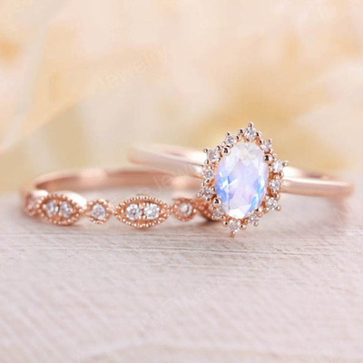Blauw Natuurlijk Moonstone Ring Set, 14K Rose Gold Moonstone Stacking Rings