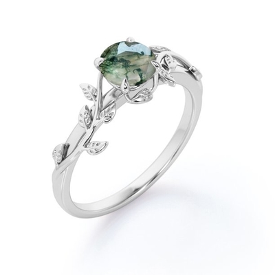 De aard inspireerde Natuurlijk Groen Moss Agate Solitaire Engagement Ring Forest Ring