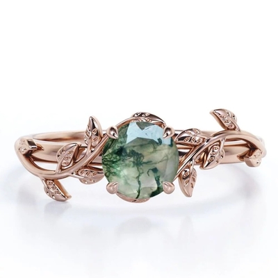 De aard inspireerde Natuurlijk Groen Moss Agate Solitaire Engagement Ring Forest Ring