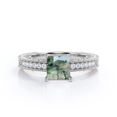 Victoriaanse de Grens van prinsescut natural Druzy Moss Green Agate And Moissanite Milgrain bedekt Verlovingsring