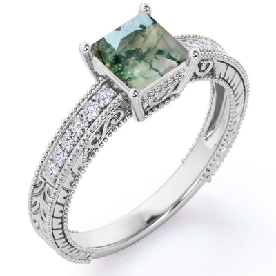 Victoriaanse de Grens van prinsescut natural Druzy Moss Green Agate And Moissanite Milgrain bedekt Verlovingsring
