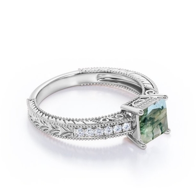 Victoriaanse de Grens van prinsescut natural Druzy Moss Green Agate And Moissanite Milgrain bedekt Verlovingsring