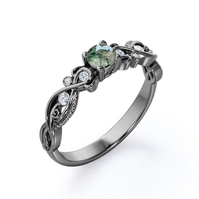 Briljante Besnoeiing Stevige fijn Geaderde de Victoriaanse Stijl Filigraanverlovingsring van Moss Green Agate en van Moisssanite