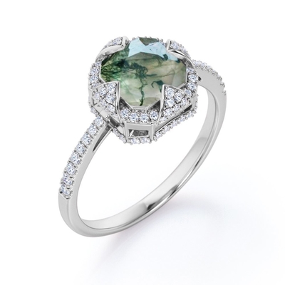 Asscher sneed Ondoorzichtige Melkachtige Moss Green Agate en Moissanite - bedek Verlovingsring