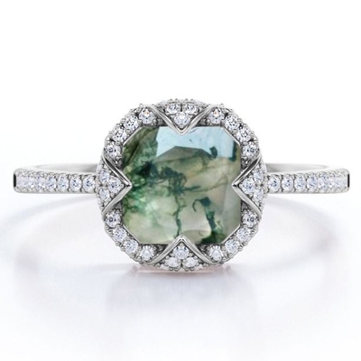 Asscher sneed Ondoorzichtige Melkachtige Moss Green Agate en Moissanite - bedek Verlovingsring