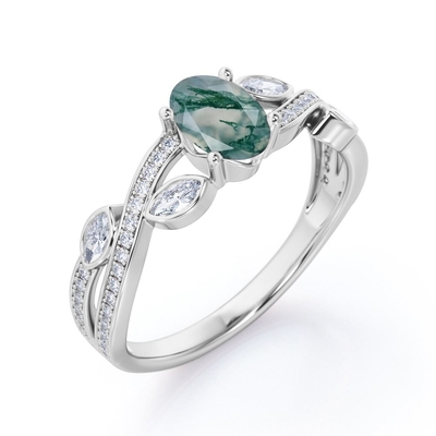 Schrijver uit de klassieke oudheid 7 Steen 1,1 karaat Ovale Besnoeiing Moss Green Agate en Diamond Plain Shank Wedding Ring in Witgoud