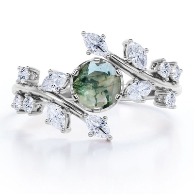 Ontwerp 6 van het takblad Ring van Riek de rond Gestalte gegeven Ondoorzichtige Moss Green Agate And Moissanitet