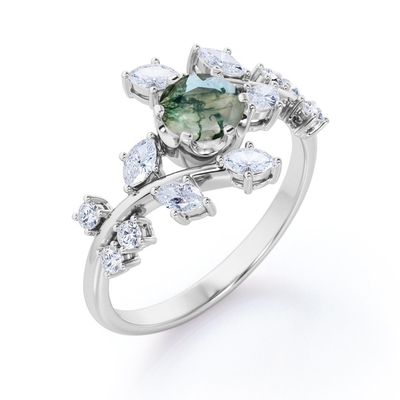 Ontwerp 6 van het takblad Ring van Riek de rond Gestalte gegeven Ondoorzichtige Moss Green Agate And Moissanitet