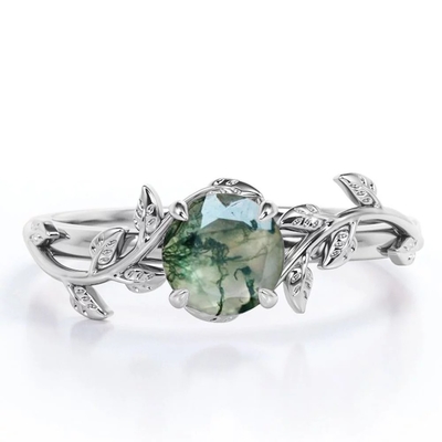 Schrijver uit de klassieke oudheid 7 Steen 1,1 karaat Ovale Besnoeiing Moss Green Agate en Diamond Plain Shank Wedding Ring in Witgoud
