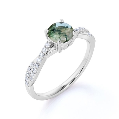 Schrijver uit de klassieke oudheid 7 Steen 1,1 karaat Ovale Besnoeiing Moss Green Agate en Diamond Plain Shank Wedding Ring in Witgoud