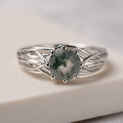 Schrijver uit de klassieke oudheid 7 Steen 1,1 karaat Ovale Besnoeiing Moss Green Agate en Diamond Plain Shank Wedding Ring in Witgoud