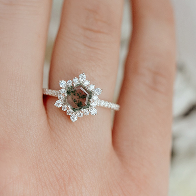 Sneeuwvlok Hexagon Moss Agate Ring met Moissanites voor Vrouwen