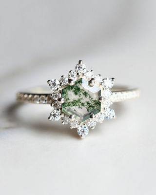 Sneeuwvlok Hexagon Moss Agate Ring met Moissanites voor Vrouwen