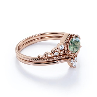 Filigraanchevrontiara 0,6 karaat Ronde Besnoeiing Moss Green Agate en Diamond Wedding Ring Set in Rose Gold