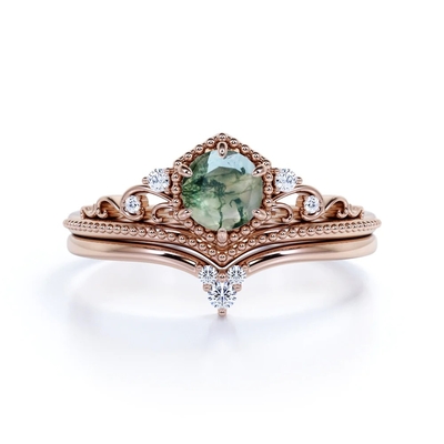 Filigraanchevrontiara 0,6 karaat Ronde Besnoeiing Moss Green Agate en Diamond Wedding Ring Set in Rose Gold