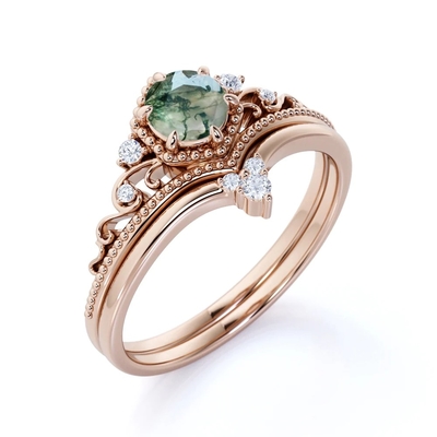 Filigraanchevrontiara 0,6 karaat Ronde Besnoeiing Moss Green Agate en Diamond Wedding Ring Set in Rose Gold