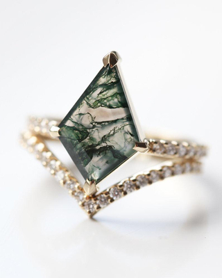 Moss Agate Modern Prism Shape-het Goud van Overeenkomstenring set for women in