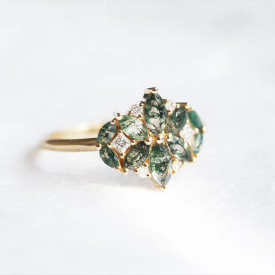 Natuurlijke Moss Agate Flower Shape Marquise-Bloesem Diamond Wedding Cluster Ring