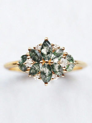 Natuurlijke Moss Agate Flower Shape Marquise-Bloesem Diamond Wedding Cluster Ring