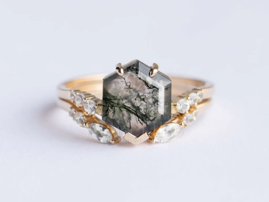 De Steen Natuurlijk Moss Agate Engagement Ring Vintage Art Deco Gift Love van de vliegervorm