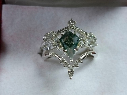 De Steen Natuurlijk Moss Agate Engagement Ring Vintage Art Deco Gift Love van de vliegervorm