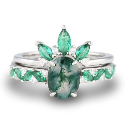 Moss Agate Emerald Ring Set, de Trouwring van de de Giftbelofte van Verjaardagsjuwelen