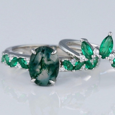 Moss Agate Emerald Ring Set, de Trouwring van de de Giftbelofte van Verjaardagsjuwelen