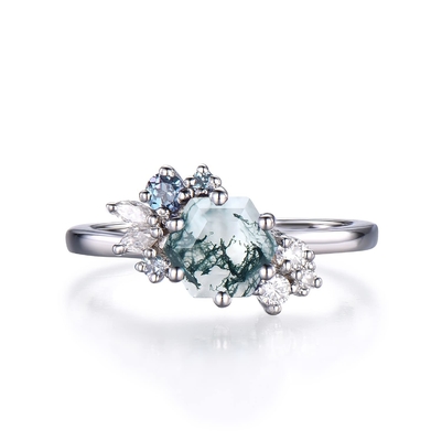 De zeshoek sneed Natuurlijk Moss Agate Vintage Unique Moissanite Bruids Ring For Art Deco