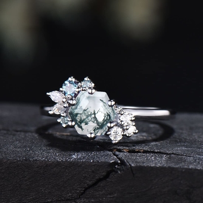 De zeshoek sneed Natuurlijk Moss Agate Vintage Unique Moissanite Bruids Ring For Art Deco