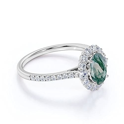 Ovale Moss Agate Moissanite Diamonds Floral-Haloovereenkomst Ring Green Gemstone