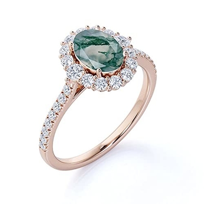 Ovale Moss Agate Moissanite Diamonds Floral-Haloovereenkomst Ring Green Gemstone