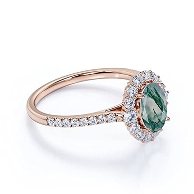 Ovale Moss Agate Moissanite Diamonds Floral-Haloovereenkomst Ring Green Gemstone