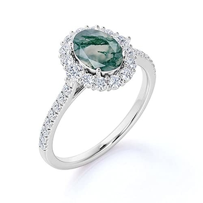 Ovale Moss Agate Moissanite Diamonds Floral-Haloovereenkomst Ring Green Gemstone