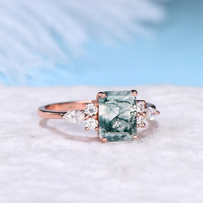 Emerald Cut Antique Aquatic Green-Agaatsteen Ring Hypoallergenic