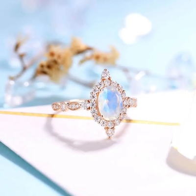 Nieuwste Rose Gold Plating 925 Blauwe Moonstone Verlovingsringen van Sterling Silver Jewelry Oval Cut