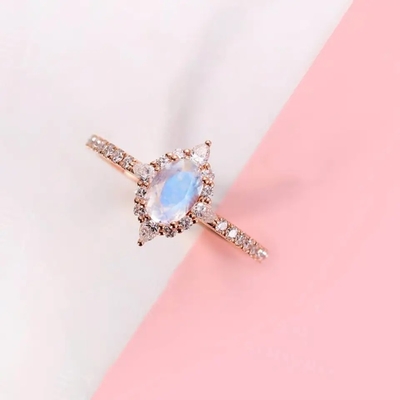 Nieuwste Rose Gold Plating 925 Blauwe Moonstone Verlovingsringen van Sterling Silver Jewelry Oval Cut