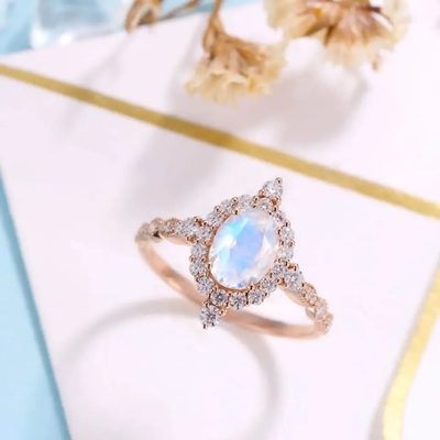 Nieuwste Rose Gold Plating 925 Blauwe Moonstone Verlovingsringen van Sterling Silver Jewelry Oval Cut