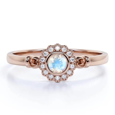 925 Sterling Silver Rose de gouden Halo Ring Rainbow Moonstone Ring van de 1 Karaatbloem